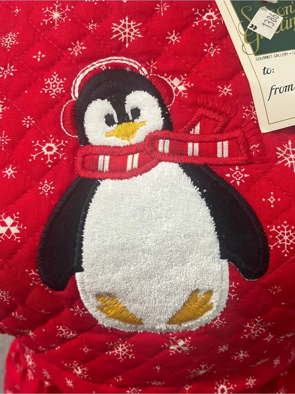 VTG Gourmet Gallery Embroidered Penguin Appliqué Snowflakes Full Apron USA NWT